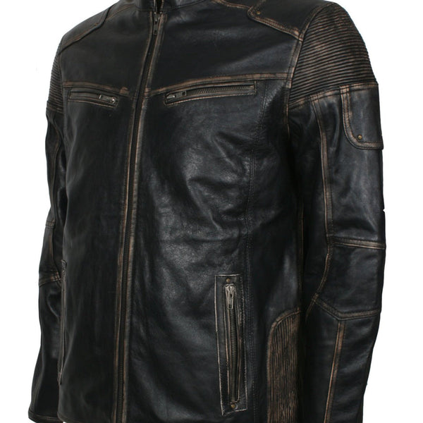 Distressed Leather Biker Jacket for Men in Black