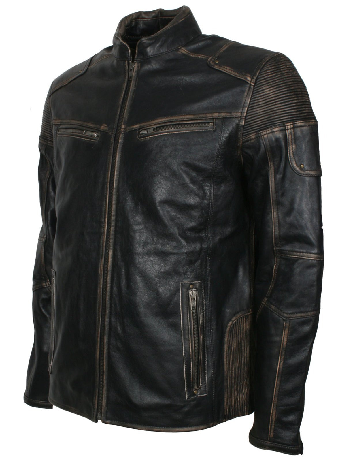 Distressed Leather Biker Jacket for Men in Black