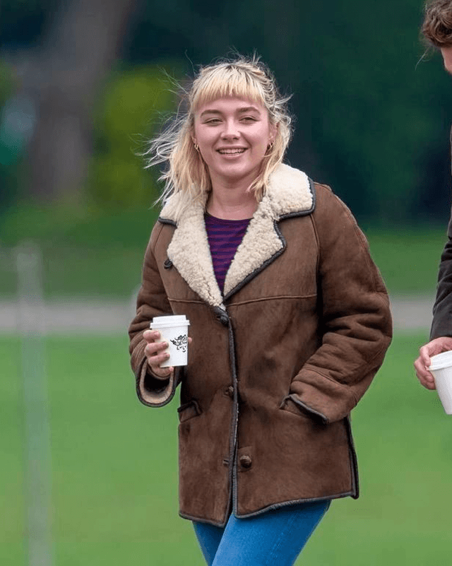 We Live in Time Florence Pugh Suede Shearling Jacket