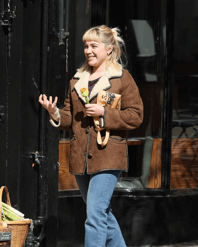 We Live in Time Florence Pugh Suede Shearling Jacket
