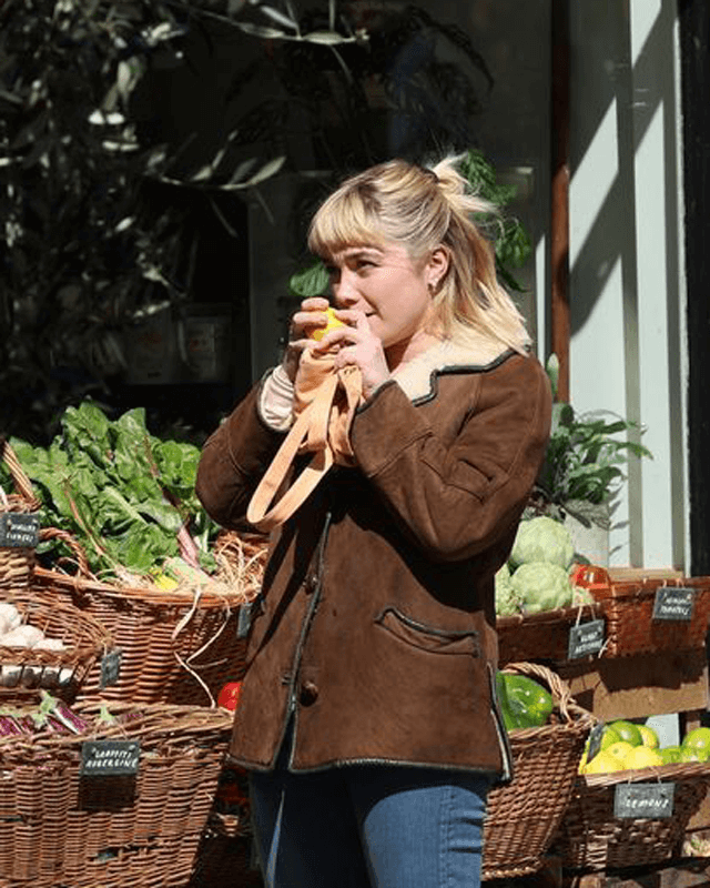 We Live in Time Florence Pugh Suede Shearling Jacket