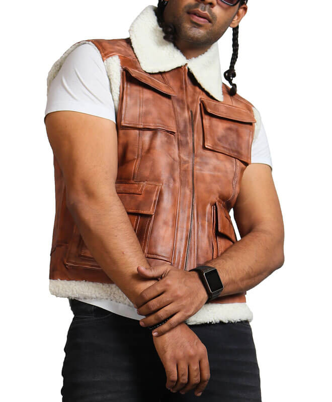 Brown Winter Leather Vest With Fur Lining