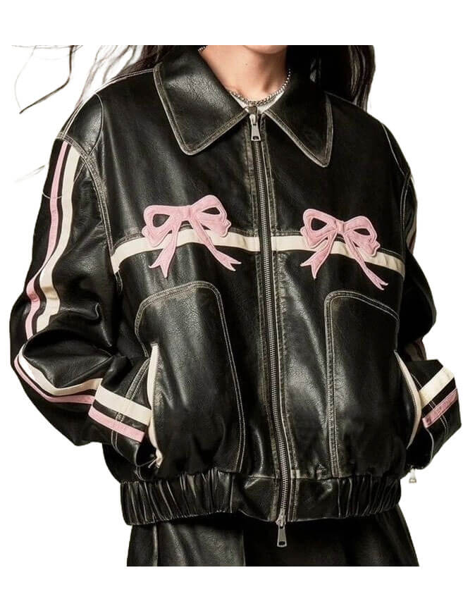 Pink Bow Black Leather Jacket