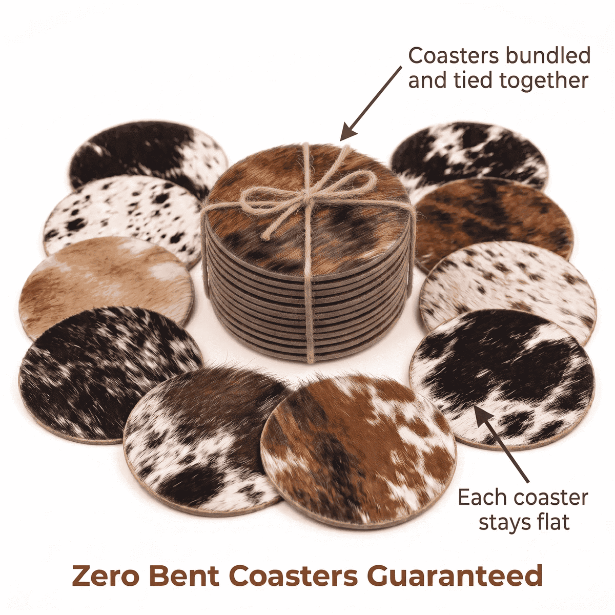 Hair-On Cowhide Round Coasters 4 Inch Set of 12, showing durable zero-bend construction