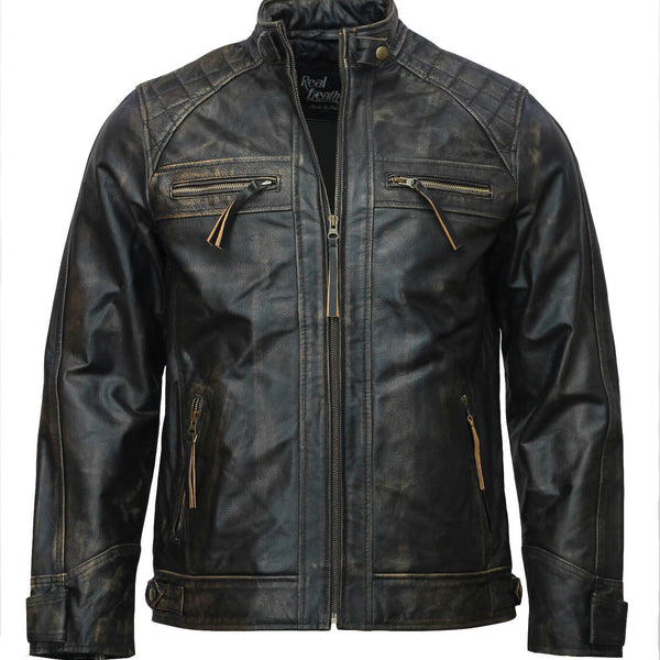 Men’s Black Distressed Motorcycle Leather Jacket