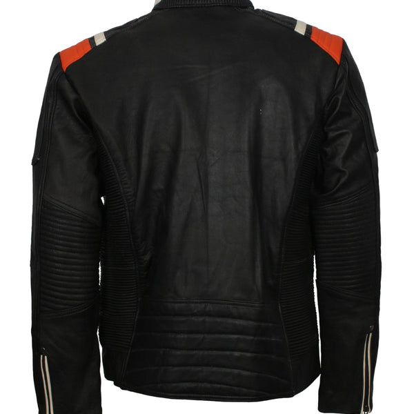 Black Retro Men's Biker Leather Jacket with Stripes