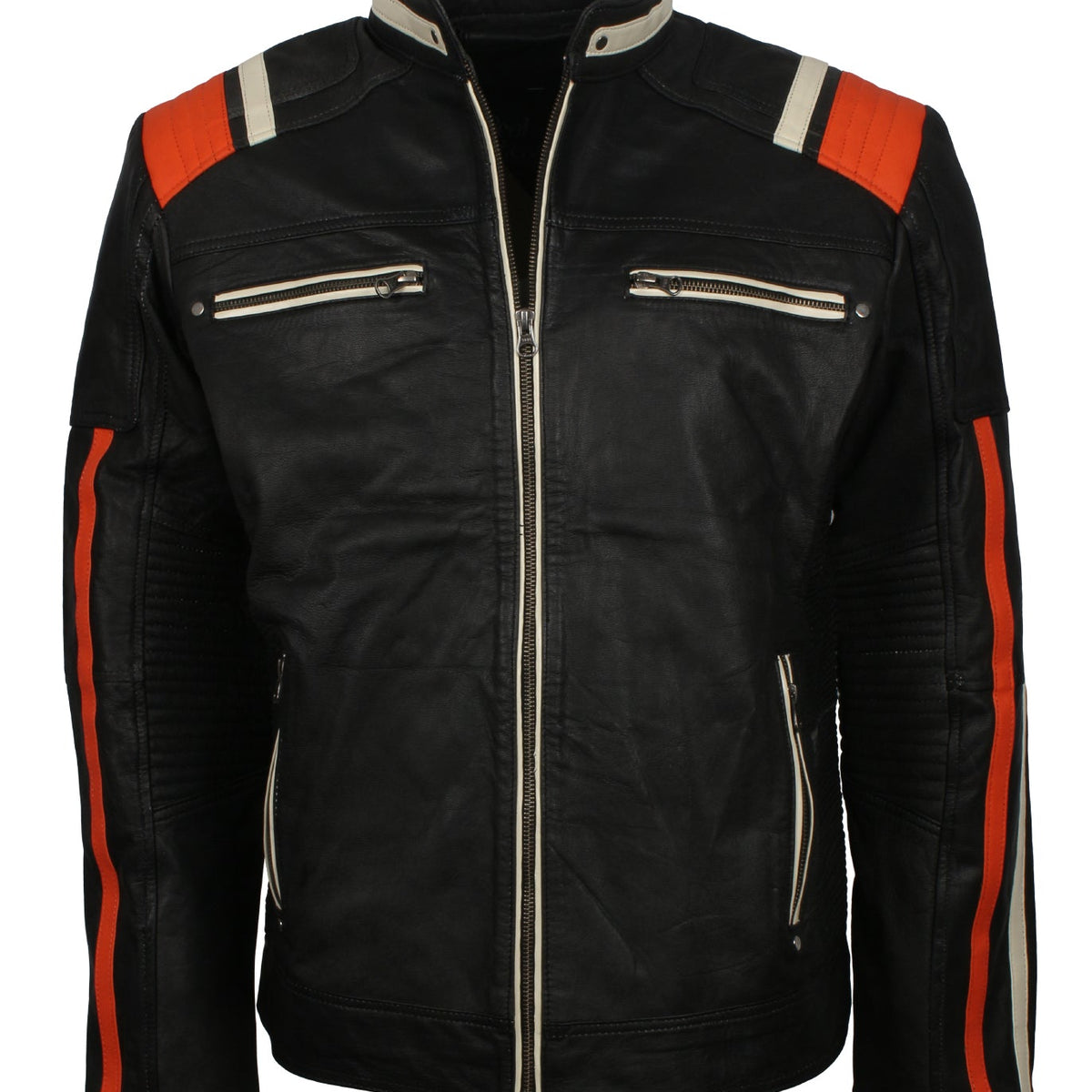 Black Retro Men's Biker Leather Jacket with Stripes