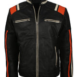 Black Retro Men's Biker Leather Jacket with Stripes