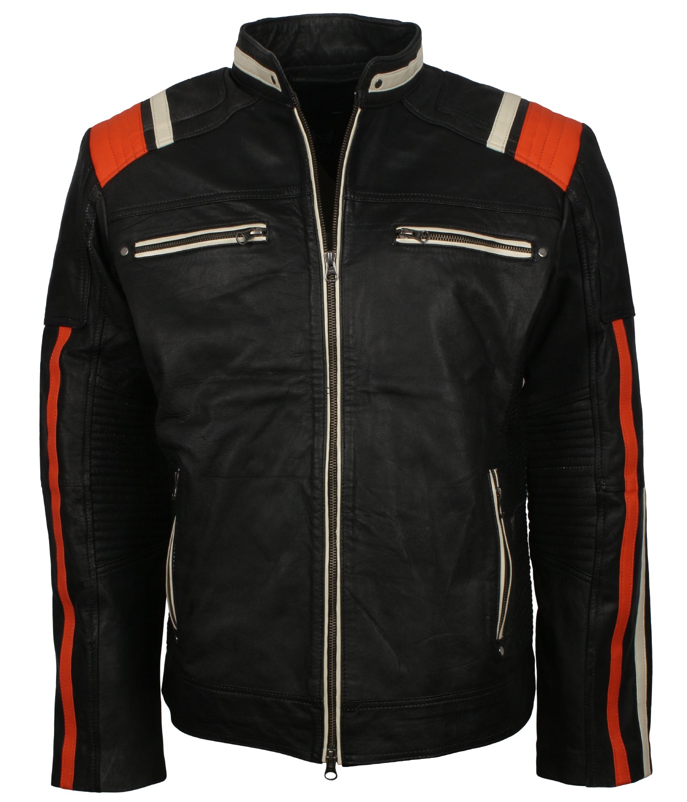 Black Retro Men's Biker Leather Jacket with Stripes