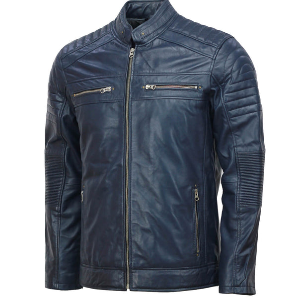 Men’s Café Racer Blue Biker Leather Jacket