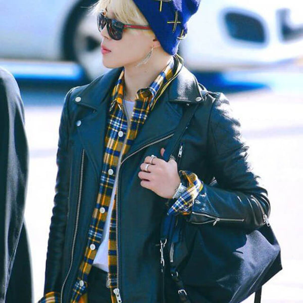 Jimin Airport Fashion Black Biker Leather Jacket