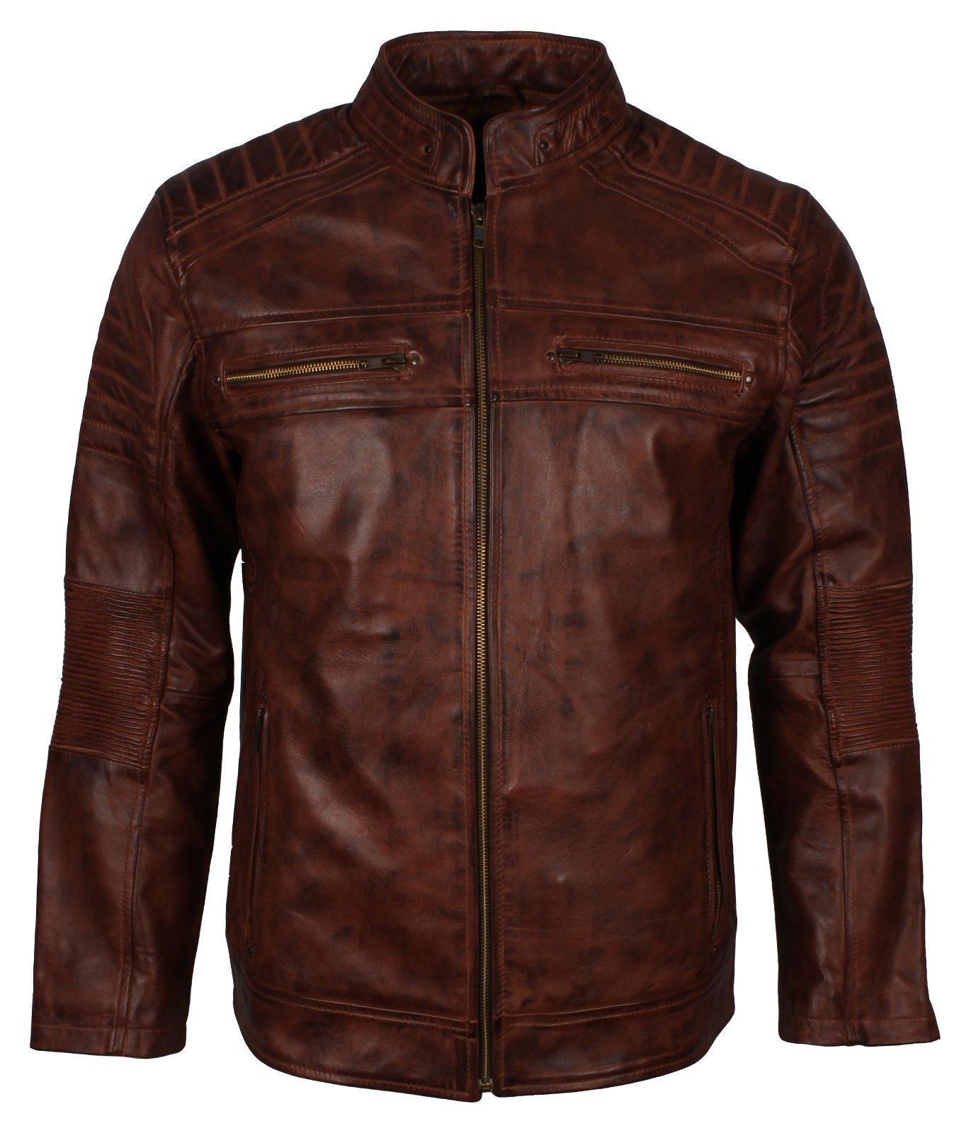 Men's Cafe Racer Maroon Grey Brown Blue Tan Genuine Leather Biker Jacket