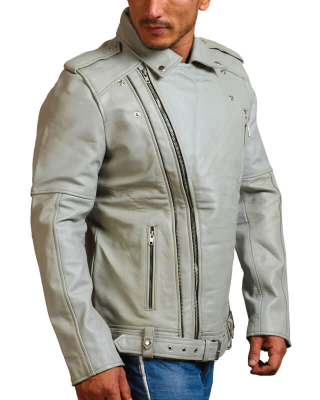 Men White Biker Leather Jacket
