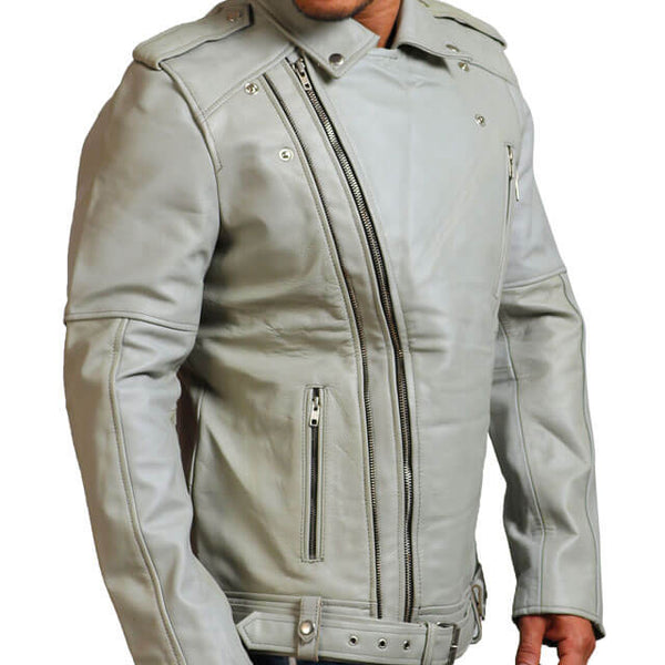 Men White Biker Leather Jacket