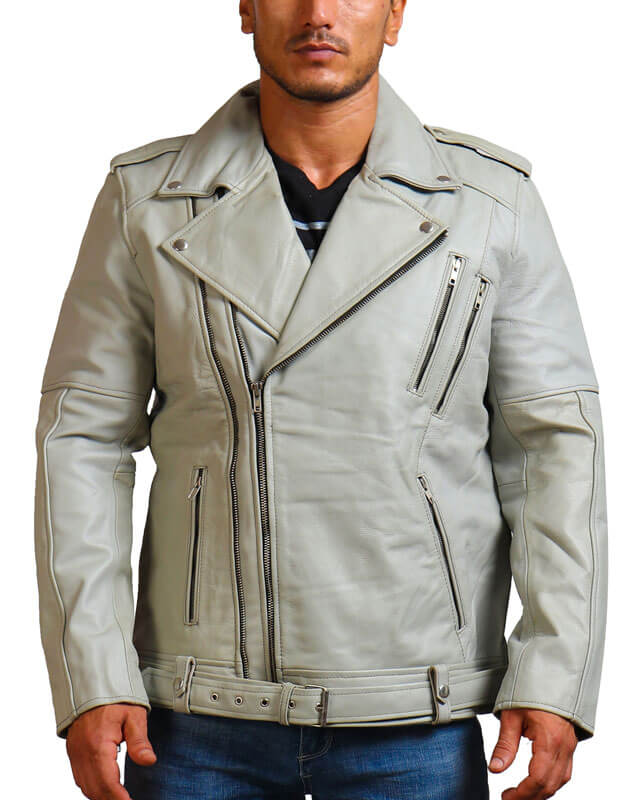 Men White Biker Leather Jacket