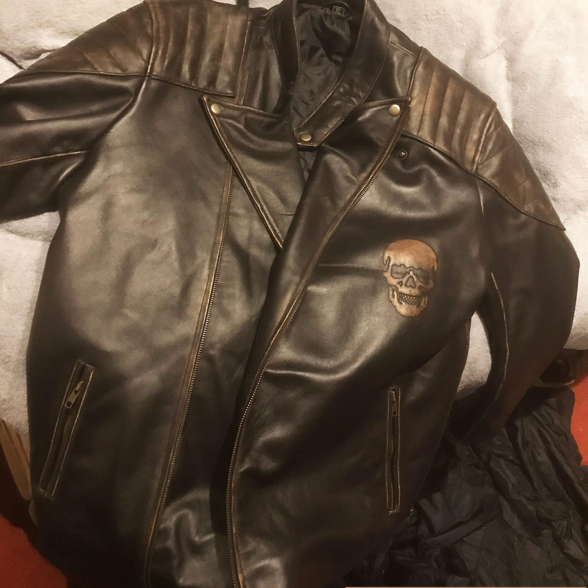 Men's Black Skull Embossed Ride Genuine Leather Biker Jacket