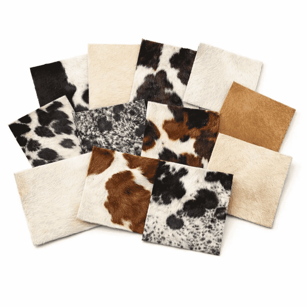 Hair-On Cowhide Leather Squares 6x6 Pack of 12, showing 12-pack fan arrangement