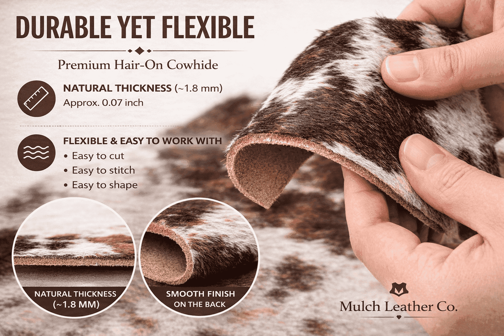Hair-On Cowhide Leather Squares 6x6 Pack of 12, showing handmade leather accessories
