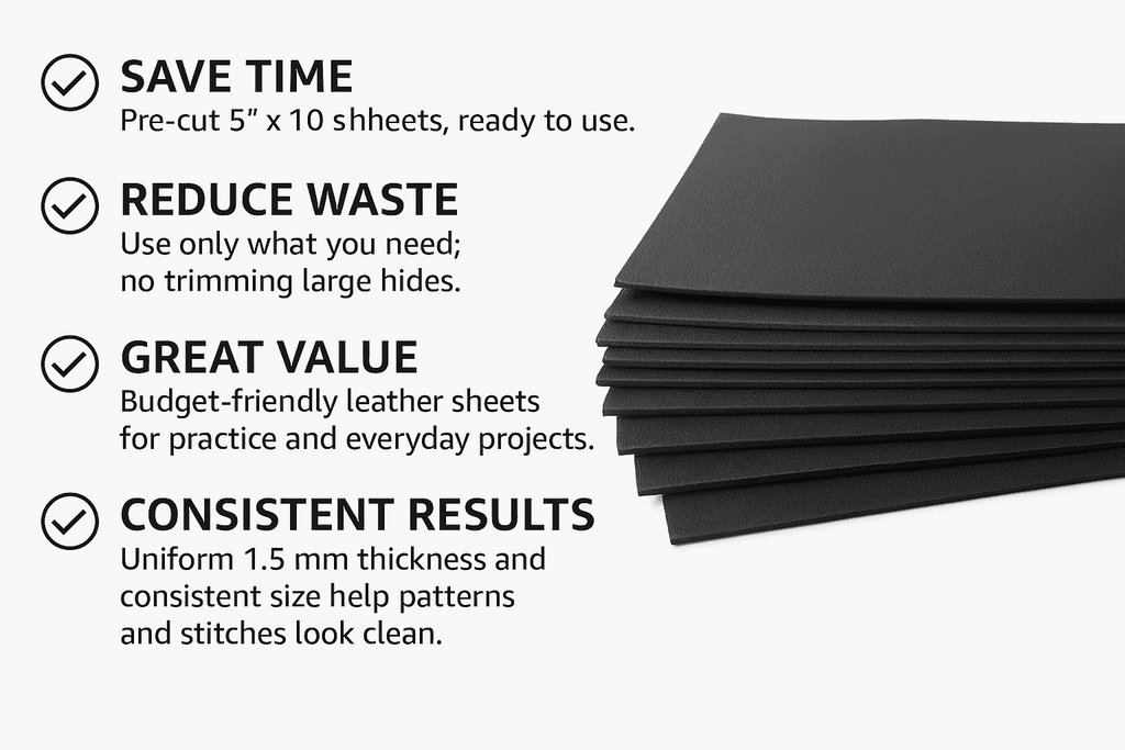 Black Cowhide Leather Sheets 5x10 1lb Pack, showing 5x10 inch dimensions check