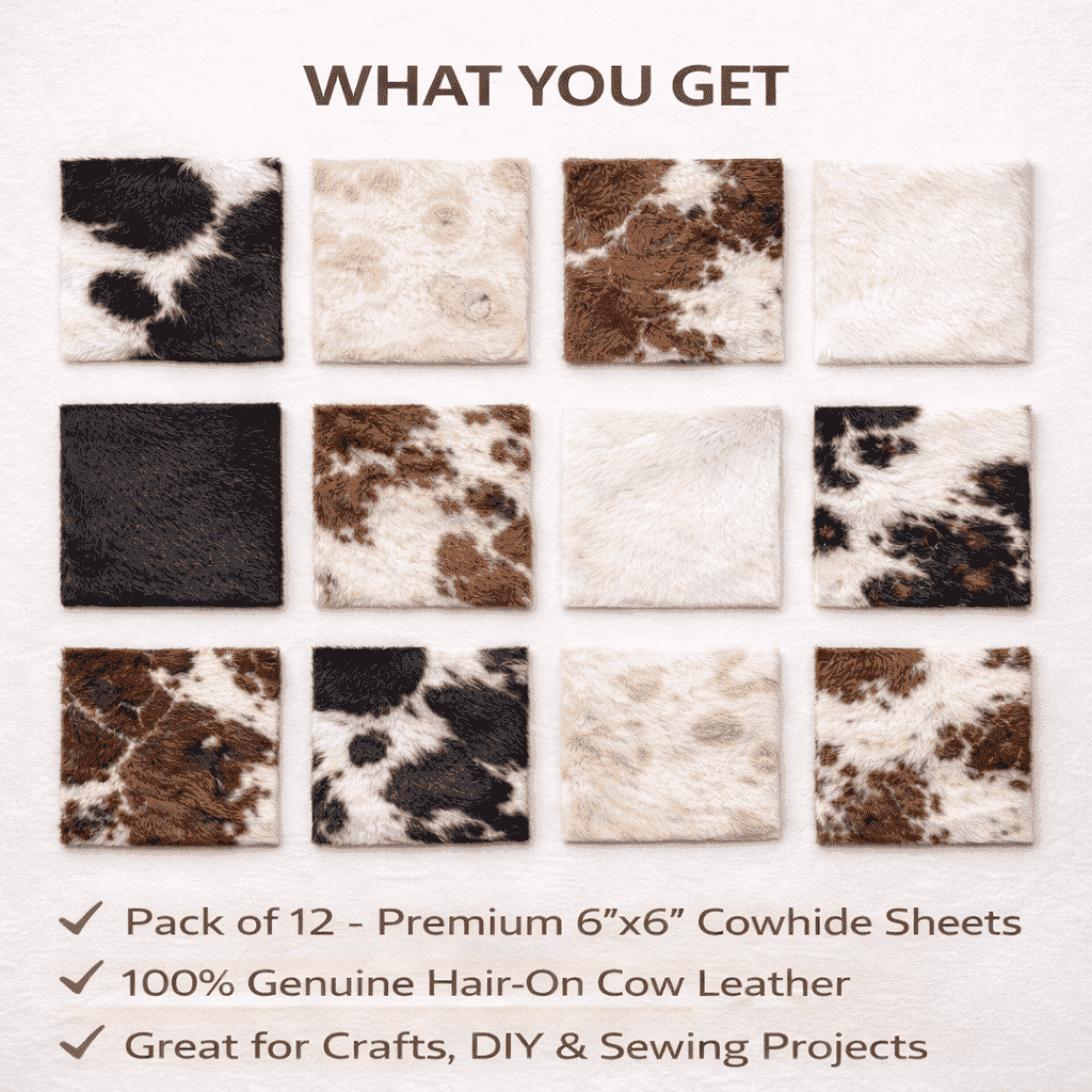 Hair-On Cowhide Leather Squares 6x6 Pack of 12, showing 12-pack grid assortment