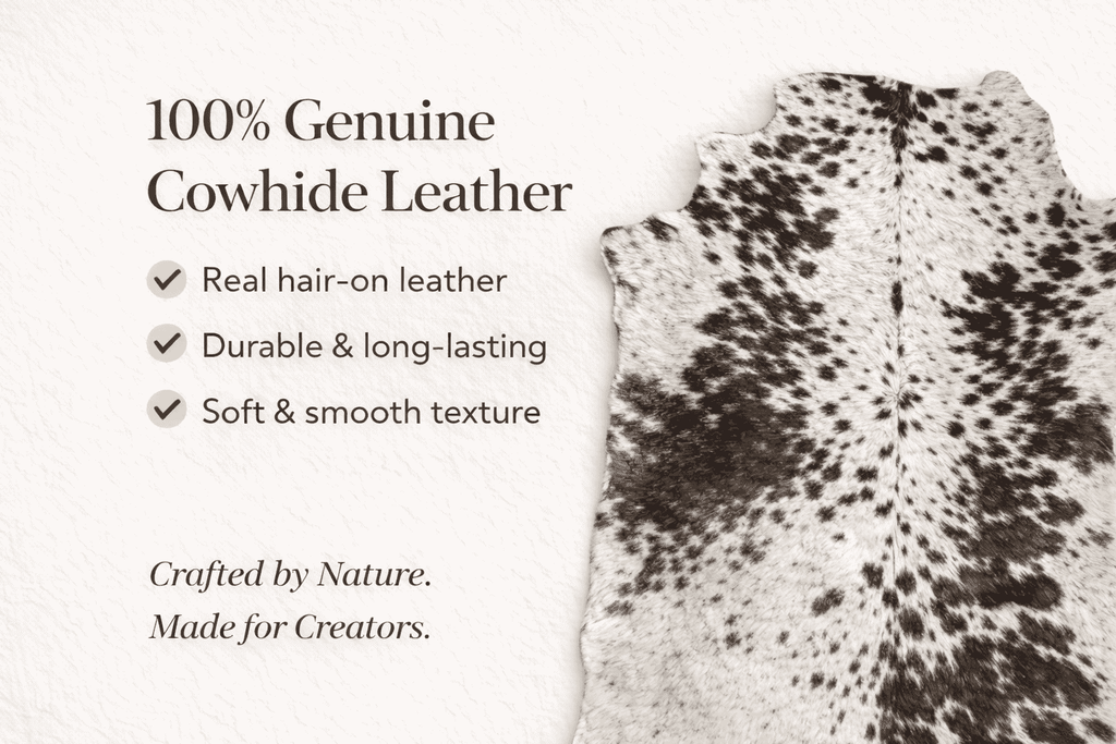 Brown & White Hair-On Cowhide Leather Sheet 12x24, showing genuine hair-on hide features