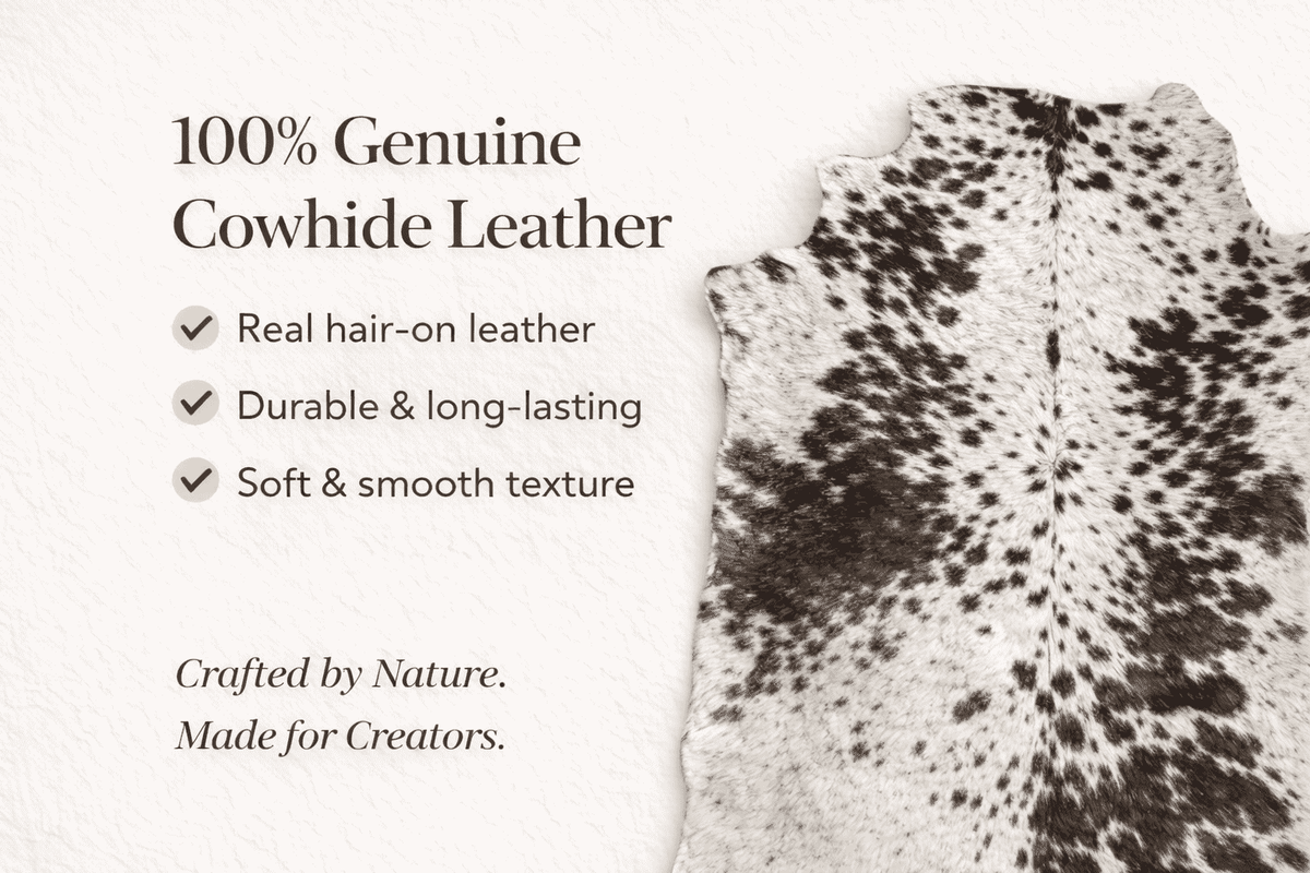 Brown & White Hair-On Cowhide Leather Sheet 12x24, showing genuine hair-on hide features