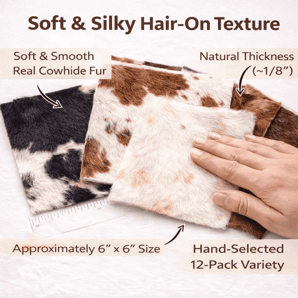 Hair-On Cowhide Leather Squares 6x6 Pack of 12, showing natural fur texture patches