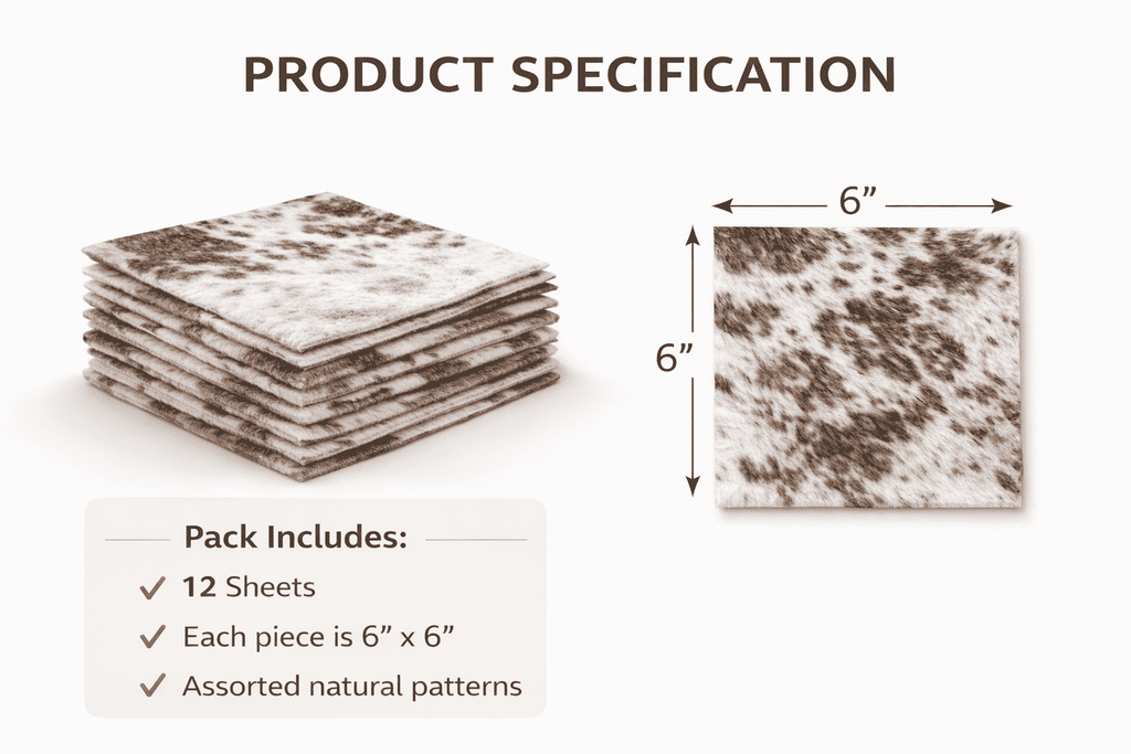 Hair-On Cowhide Leather Squares 6x6 Pack of 12, showing product specifications chart