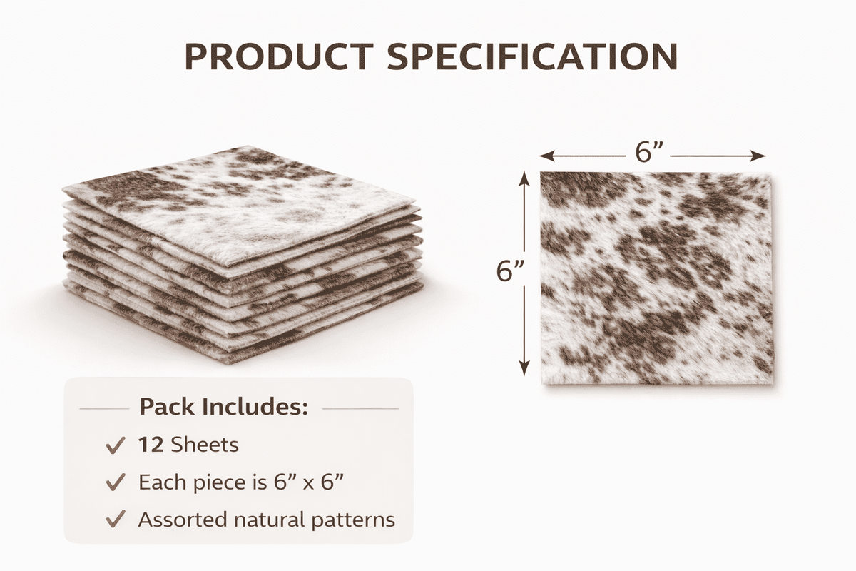 Hair-On Cowhide Leather Squares 6x6 Pack of 12, showing product specifications chart