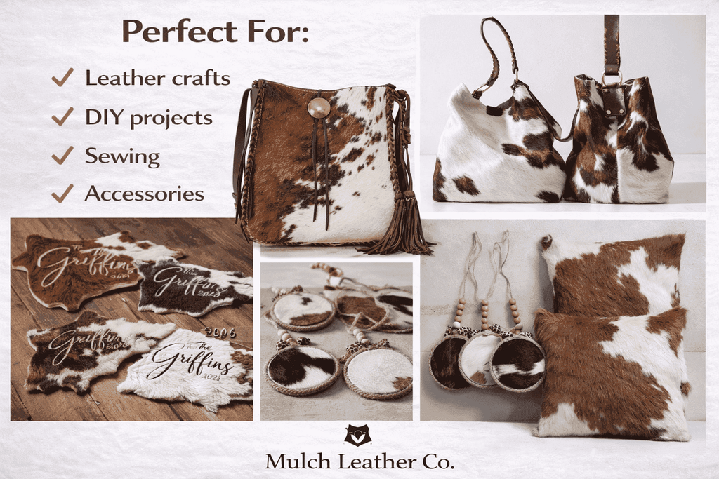 Hair-On Cowhide Leather Squares 6x6 Pack of 12, showing craft project inspiration