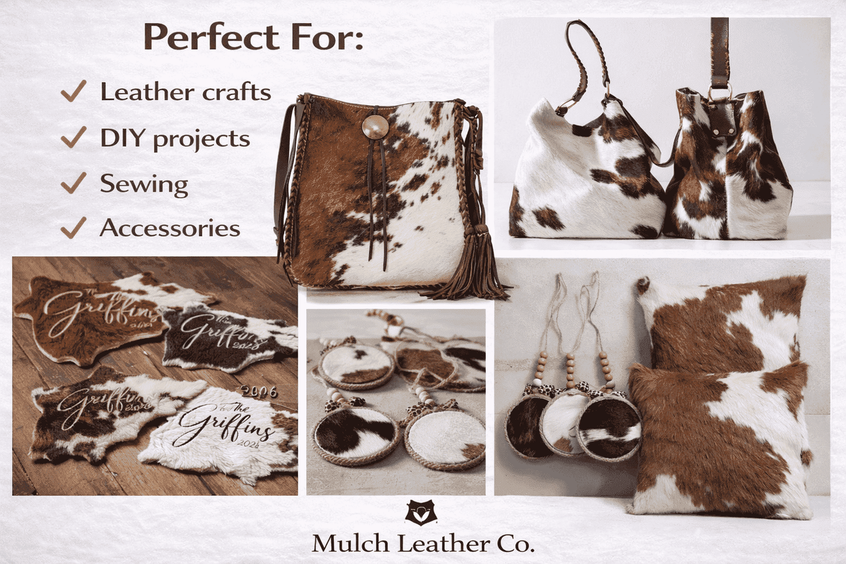 Hair-On Cowhide Leather Squares 6x6 Pack of 12, showing craft project inspiration