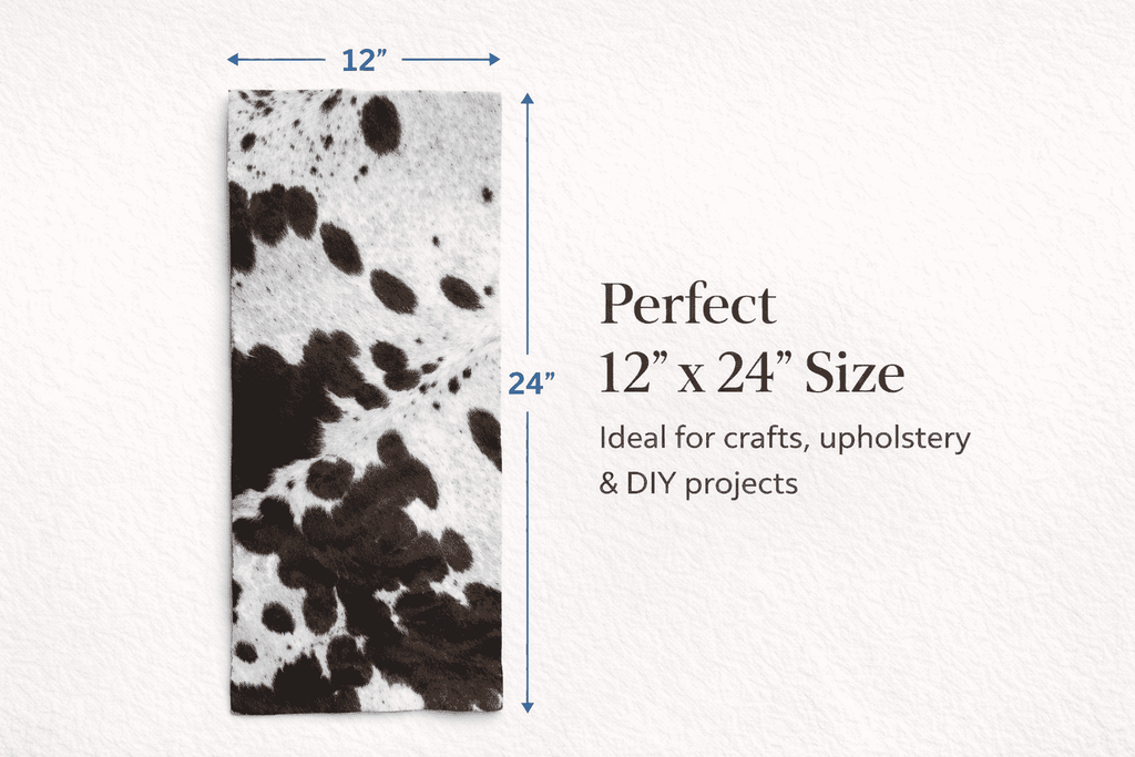 Brown & White Hair-On Cowhide Leather Sheet 12x24, showing dimensions and size guide