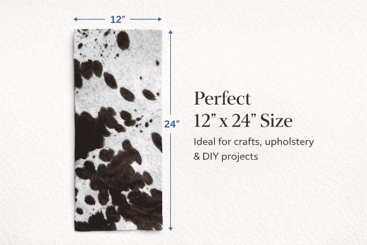 Brown & White Hair-On Cowhide Leather Sheet 12x24, showing dimensions and size guide