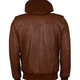Men's Brown Bomber Leather Jacket with Hood