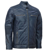 Men’s Café Racer Blue Biker Leather Jacket