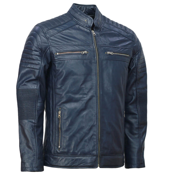 Men’s Café Racer Blue Biker Leather Jacket