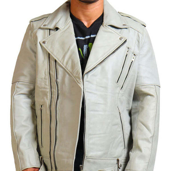 Men White Biker Leather Jacket