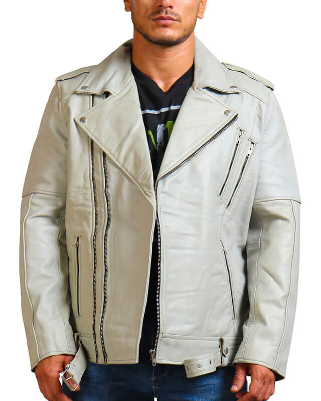 Men White Biker Leather Jacket