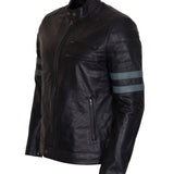 Men's Black Grey Stripes Genuine Leather Biker Jacket