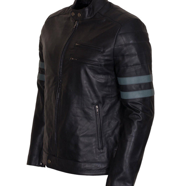 Men's Black Grey Stripes Genuine Leather Biker Jacket