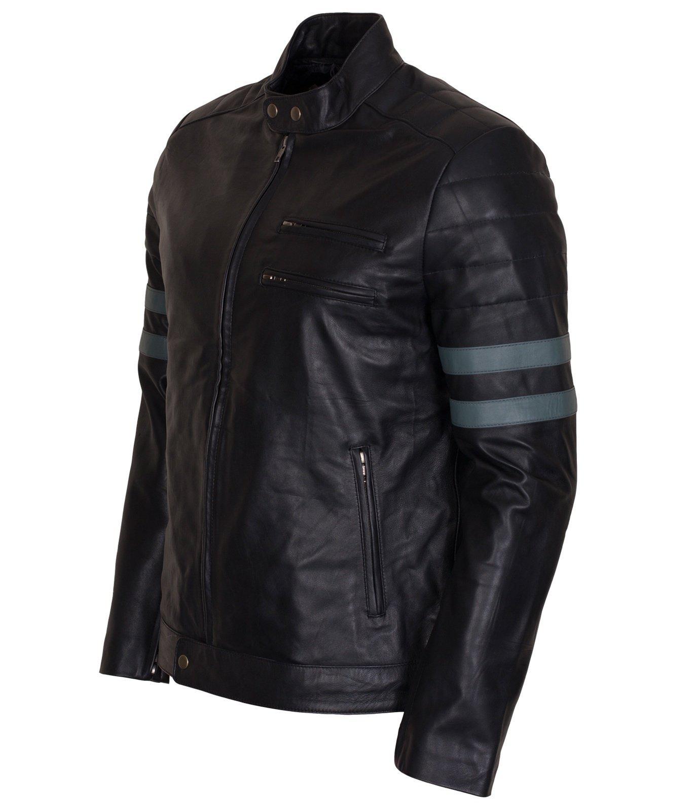Men's Black Grey Stripes Genuine Leather Biker Jacket