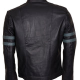 Men's Black Grey Stripes Genuine Leather Biker Jacket