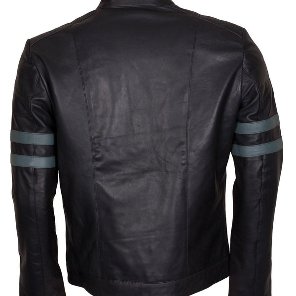Men's Black Grey Stripes Genuine Leather Biker Jacket