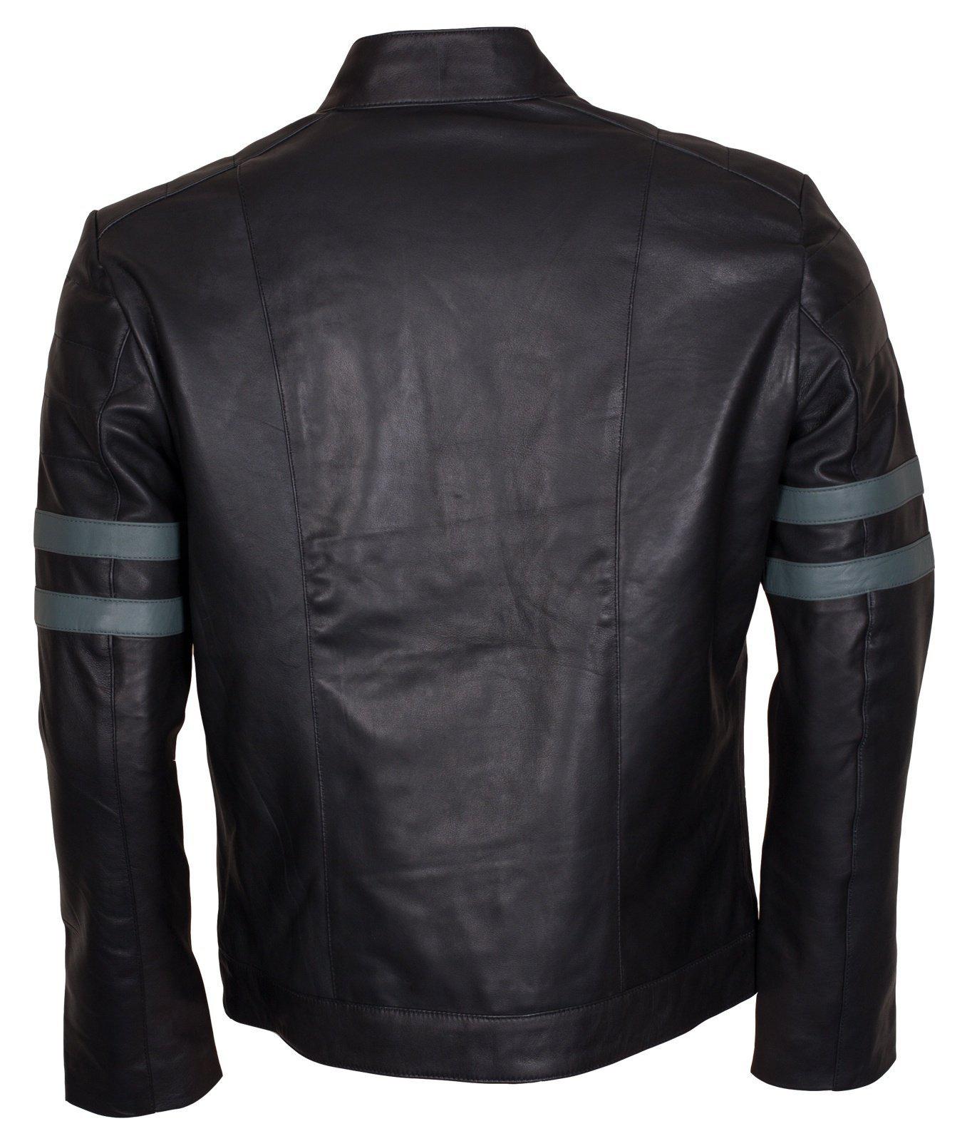 Men's Black Grey Stripes Genuine Leather Biker Jacket