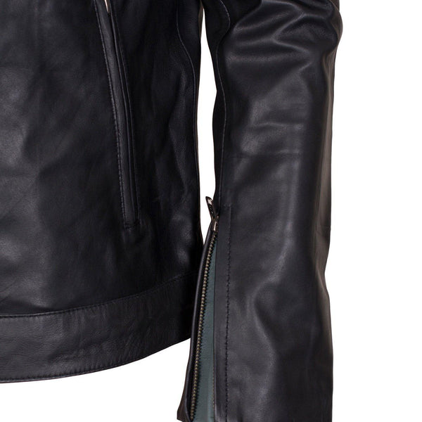 Men's Black Grey Stripes Genuine Leather Biker Jacket