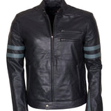 Men's Black Grey Stripes Genuine Leather Biker Jacket