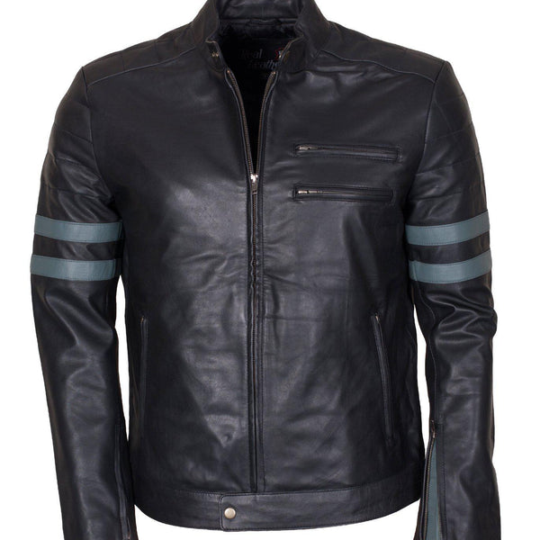 Men's Black Grey Stripes Genuine Leather Biker Jacket