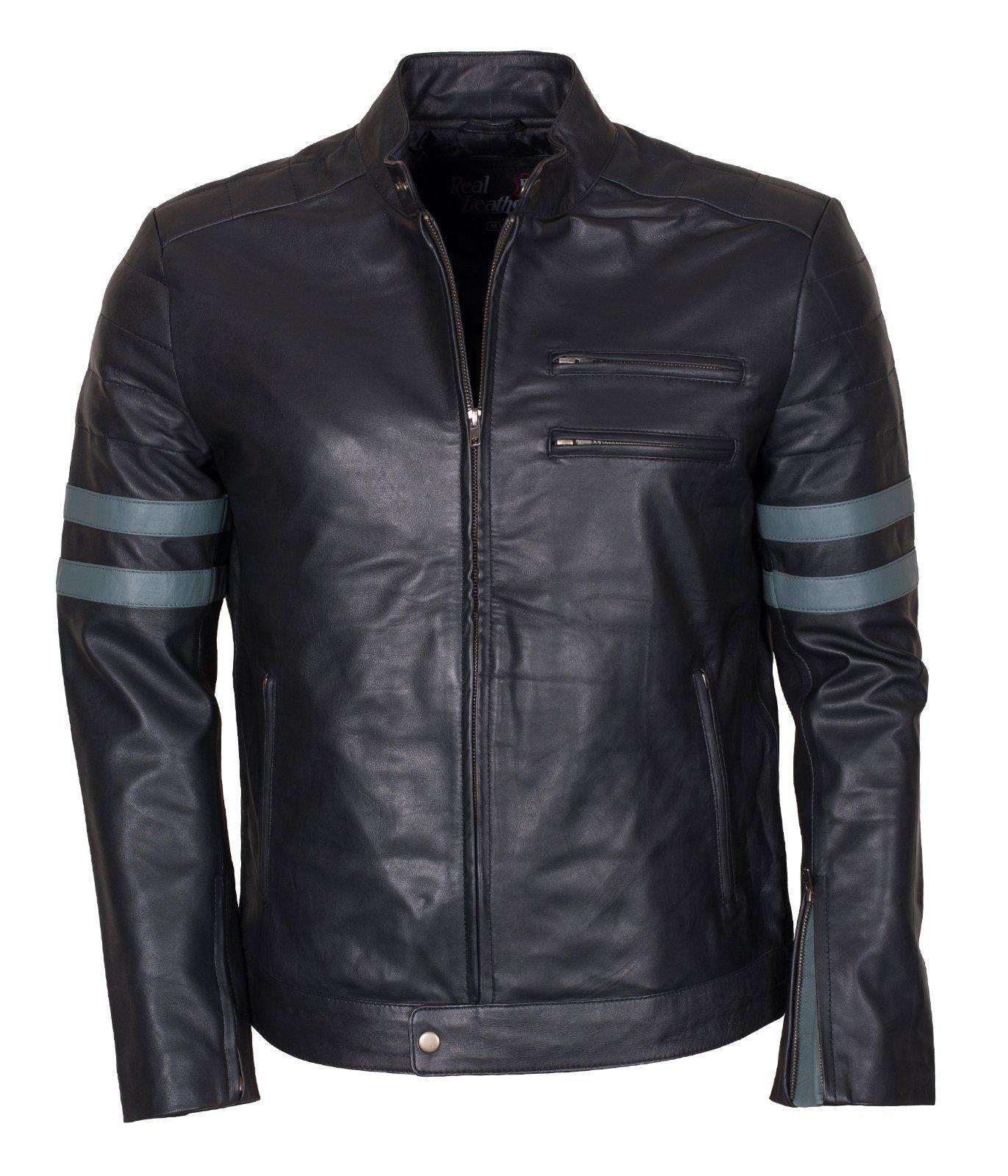 Men's Black Grey Stripes Genuine Leather Biker Jacket
