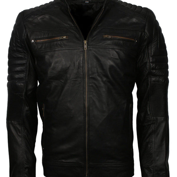 Men's Black Cafe Racer Genuine Leather Biker Jacket