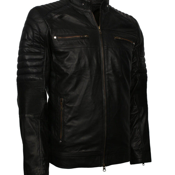 Men's Black Cafe Racer Genuine Leather Biker Jacket
